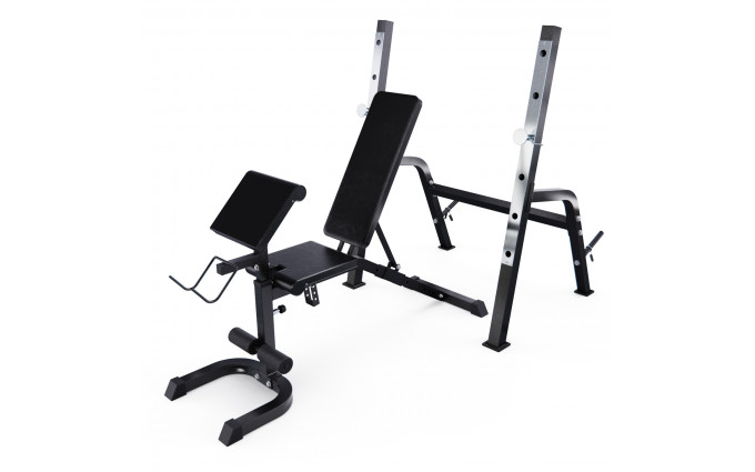 Скамья со стойками под штангу DFC GORILLA черная, с партой для бицепса